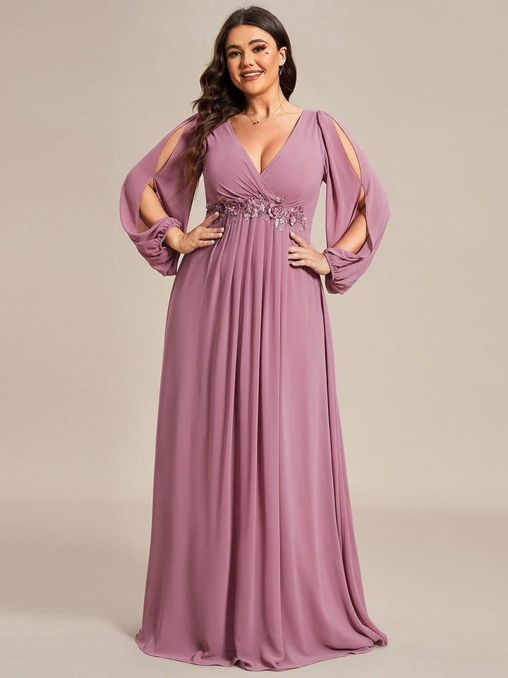pretty AMOUR|Stylish Plus Size Chiffon Formal Evening Dresses with Long Lantern Sleeves