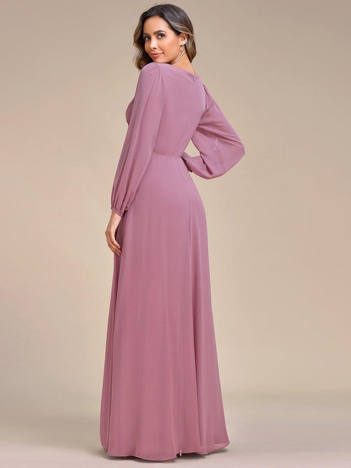ever AMOUR|Elegant Chiffon V-Neckline Long Sleeve Wedding Guest Dress