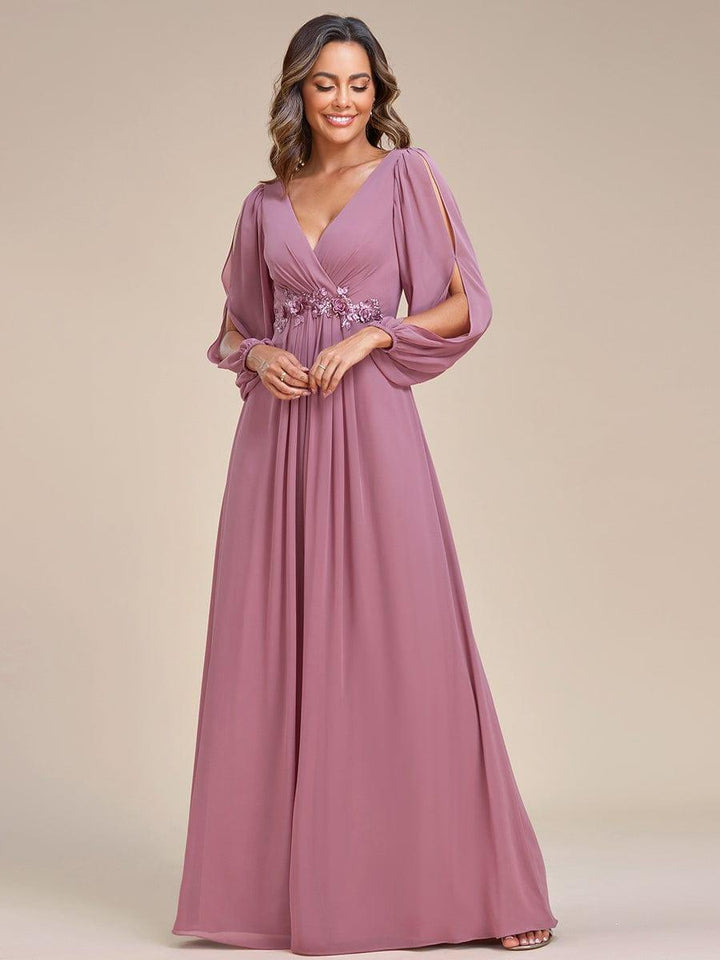 ever AMOUR|Elegant Chiffon V-Neckline Long Sleeve Wedding Guest Dress