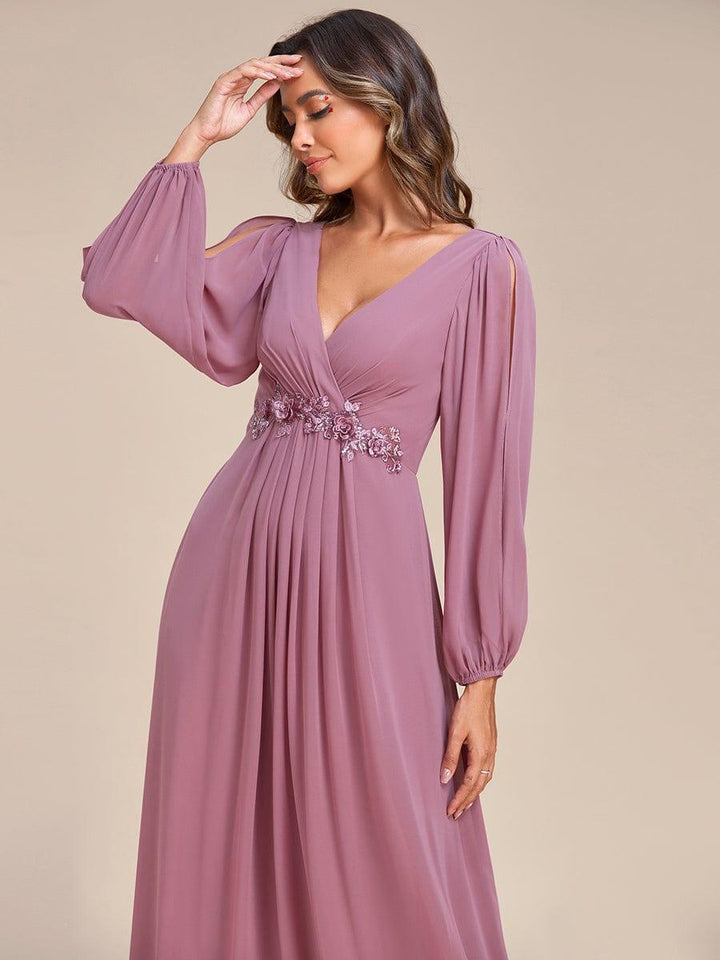 ever AMOUR|Elegant Chiffon V-Neckline Long Sleeve Wedding Guest Dress