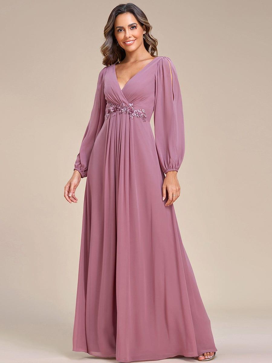 ever AMOUR|Elegant Chiffon V-Neckline Long Sleeve Wedding Guest Dress