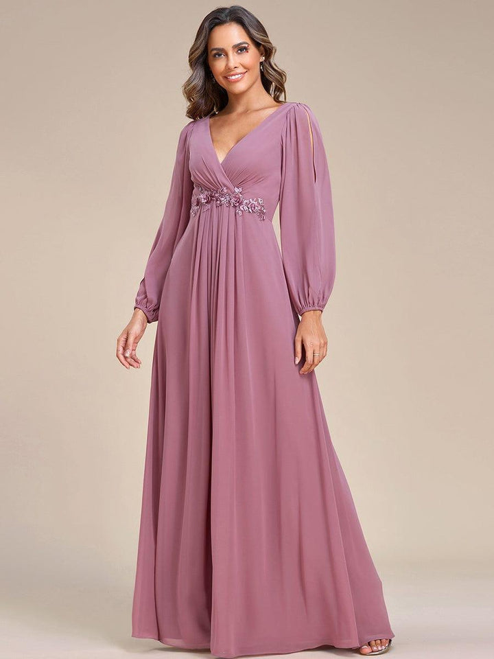 ever AMOUR|Elegant Chiffon V-Neckline Long Sleeve Wedding Guest Dress