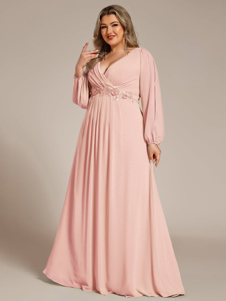 pretty AMOUR|Stylish Plus Size Chiffon Formal Evening Dresses with Long Lantern Sleeves