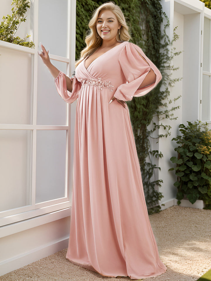 pretty AMOUR|Stylish Plus Size Chiffon Formal Evening Dresses with Long Lantern Sleeves