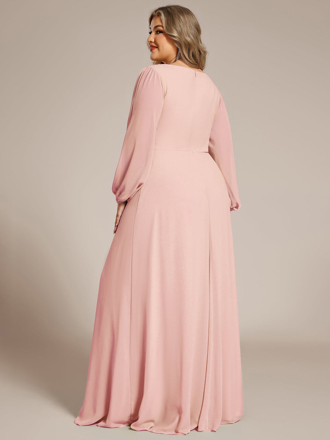 ever AMOUR|Elegant Chiffon V-Neckline Long Sleeve Wedding Guest Dress