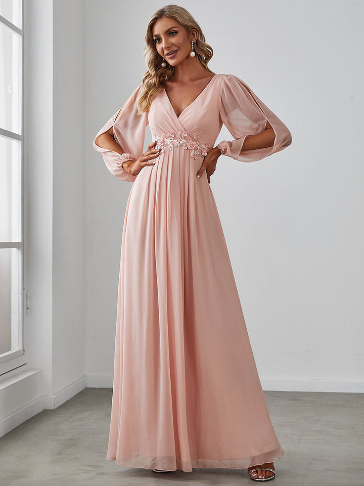 ever AMOUR|Elegant Chiffon V-Neckline Long Sleeve Wedding Guest Dress