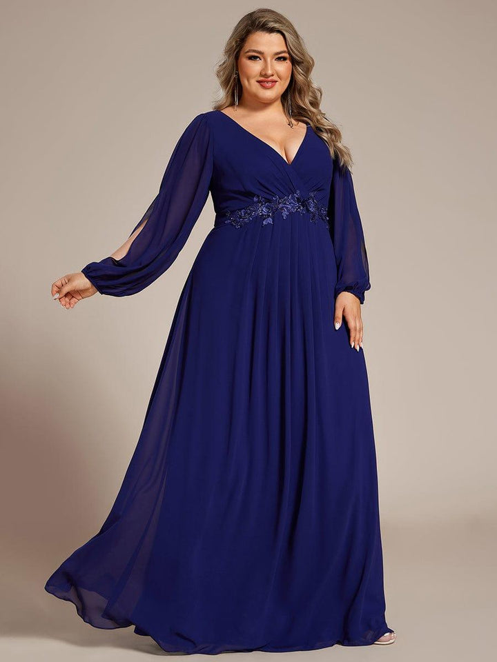 ever AMOUR|Elegant Chiffon V-Neckline Long Sleeve Wedding Guest Dress