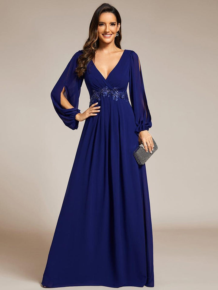ever AMOUR|Elegant Chiffon V-Neckline Long Sleeve Wedding Guest Dress
