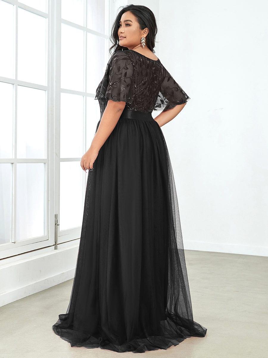 ever SAPHIR|Women's A-Line Sequin Leaf Maxi Prom Dress with Sleeves