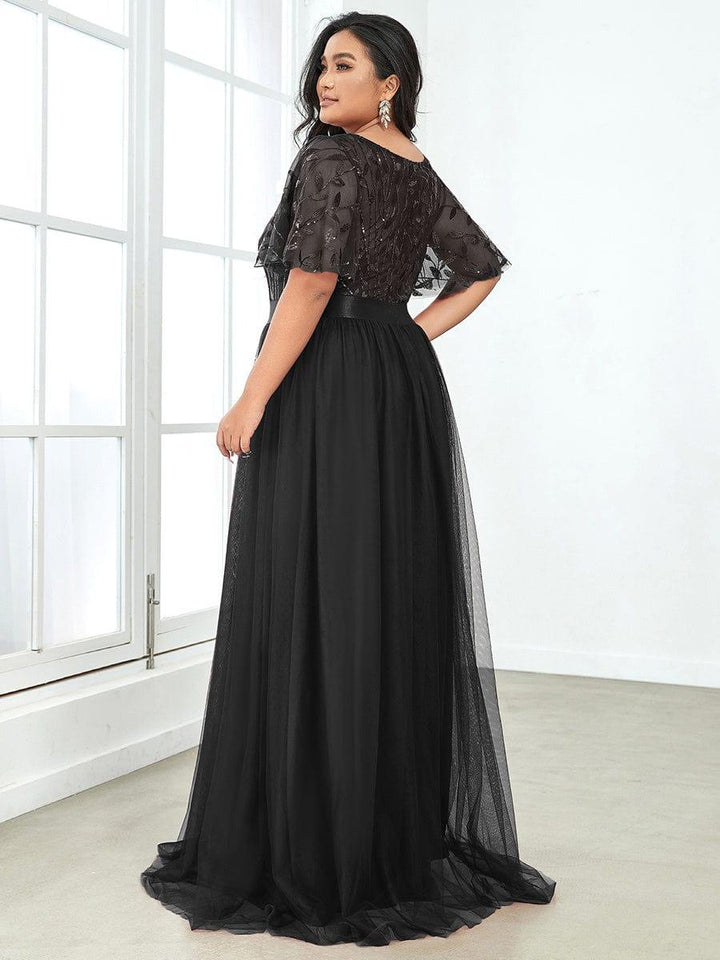 ever SAPHIR|Women's A-Line Sequin Leaf Maxi Prom Dress with Sleeves