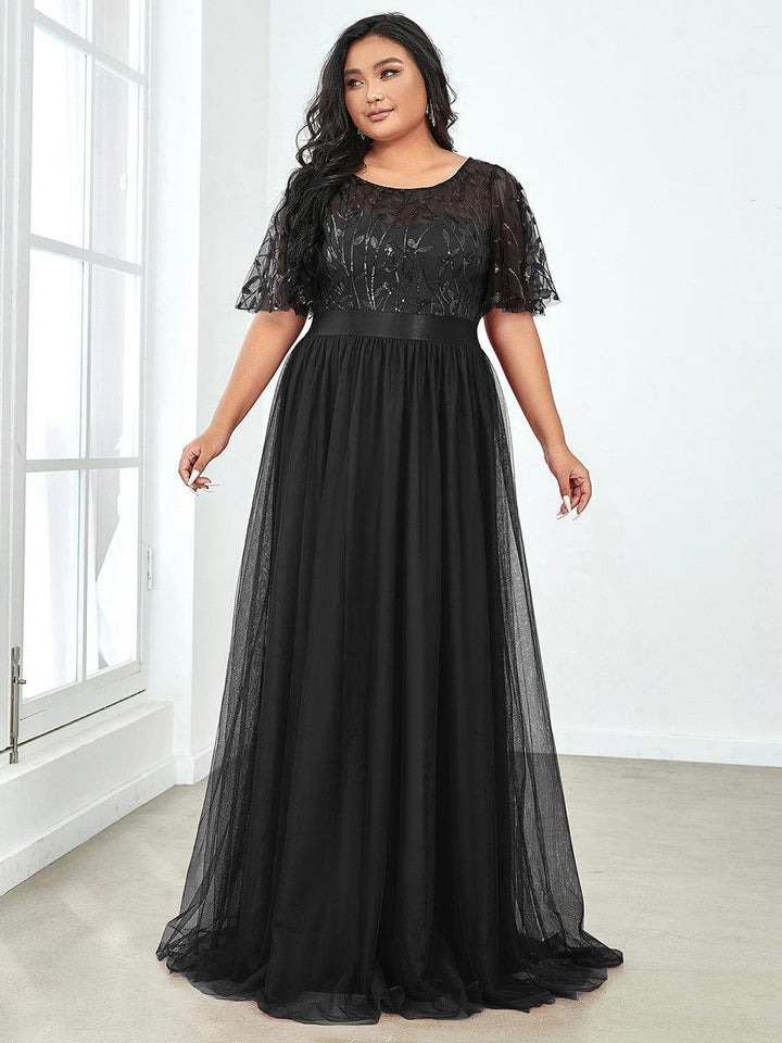 ever SAPHIR|Women's A-Line Sequin Leaf Maxi Prom Dress with Sleeves