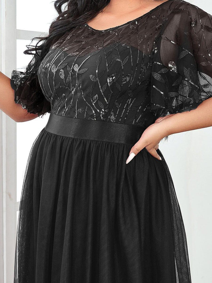 ever SAPHIR|Women's A-Line Sequin Leaf Maxi Prom Dress with Sleeves