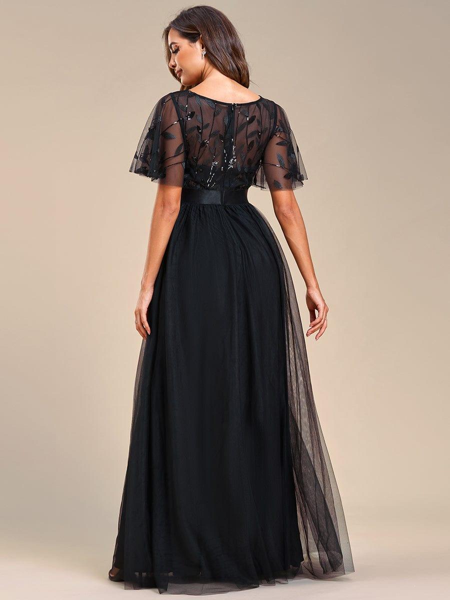 ever SAPHIR|Women's A-Line Sequin Leaf Maxi Prom Dress with Sleeves