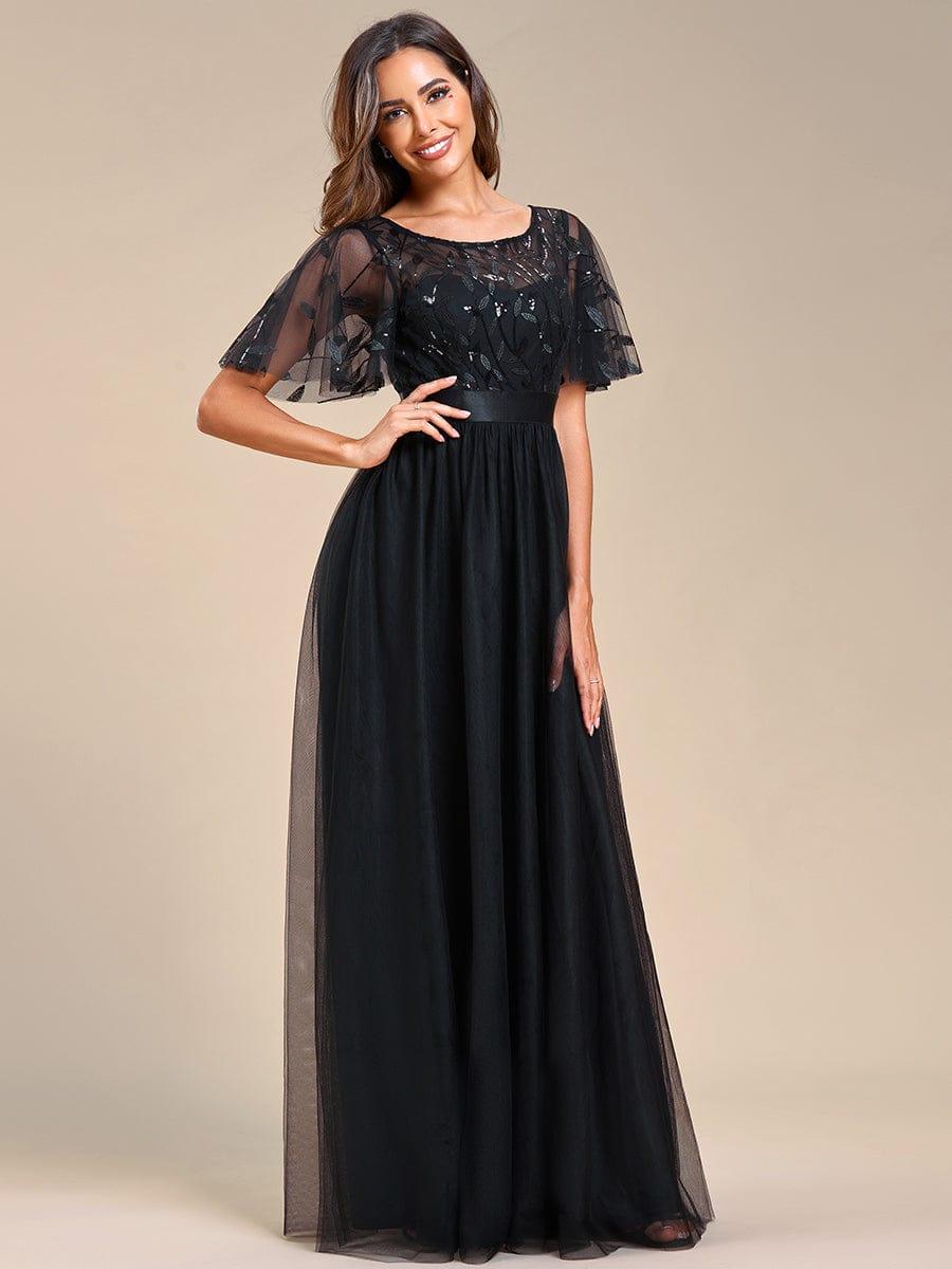 ever SAPHIR|Women's A-Line Sequin Leaf Maxi Prom Dress with Sleeves