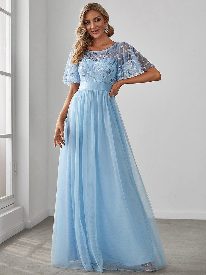 ever SAPHIR|Women's A-Line Short Sleeve Embroidery Floor Length Evening Dresses