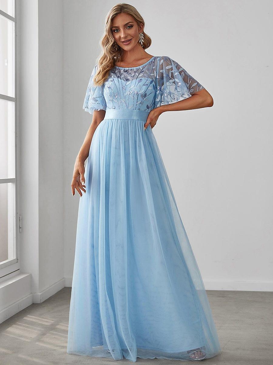 ever SAPHIR|Women's A-Line Sequin Leaf Maxi Prom Dress with Sleeves