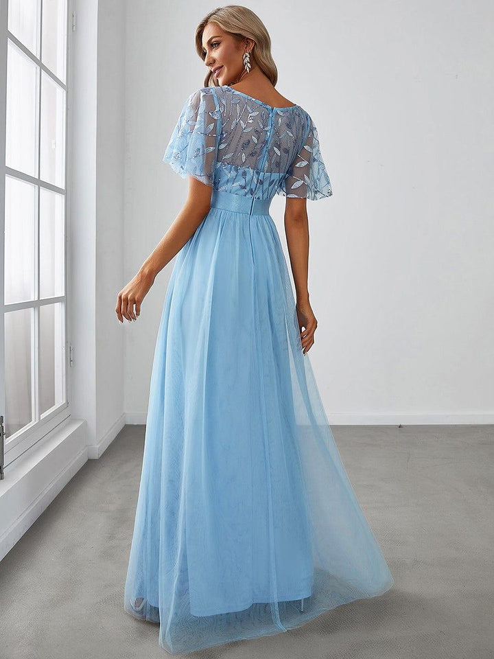 ever SAPHIR|Women's A-Line Sequin Leaf Maxi Prom Dress with Sleeves