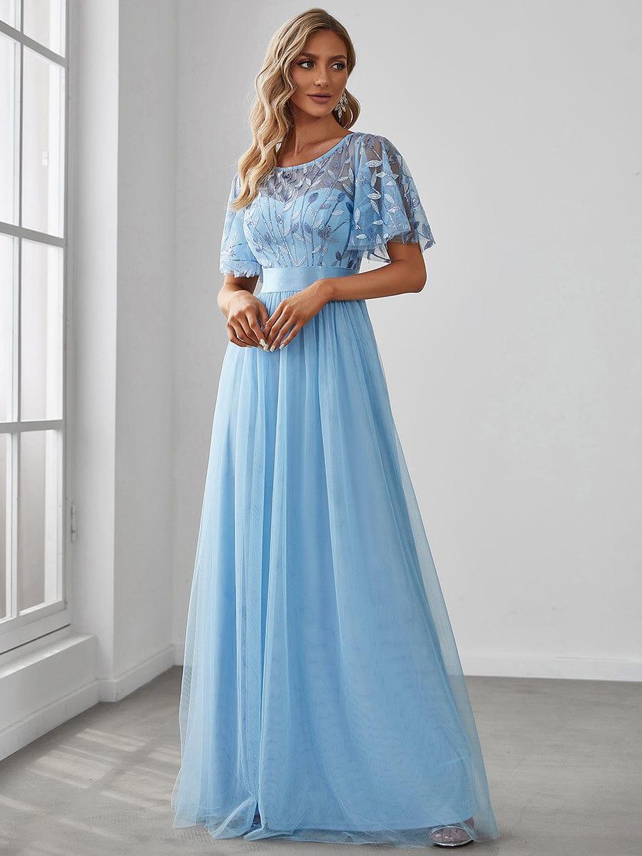 ever SAPHIR|Women's A-Line Short Sleeve Embroidery Floor Length Evening Dresses