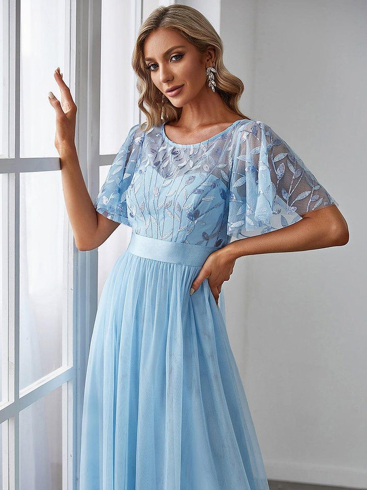 ever SAPHIR|Women's A-Line Short Sleeve Embroidery Floor Length Evening Dresses