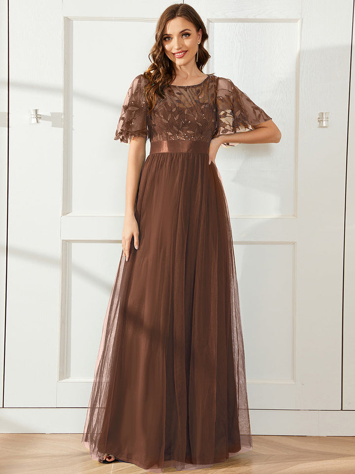 ever SAPHIR|Women's A-Line Short Sleeve Embroidery Floor Length Evening Dresses