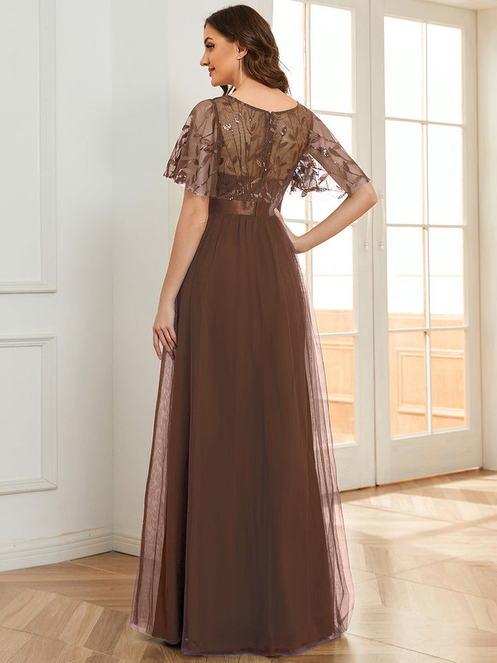 ever SAPHIR|Women's A-Line Short Sleeve Embroidery Floor Length Evening Dresses