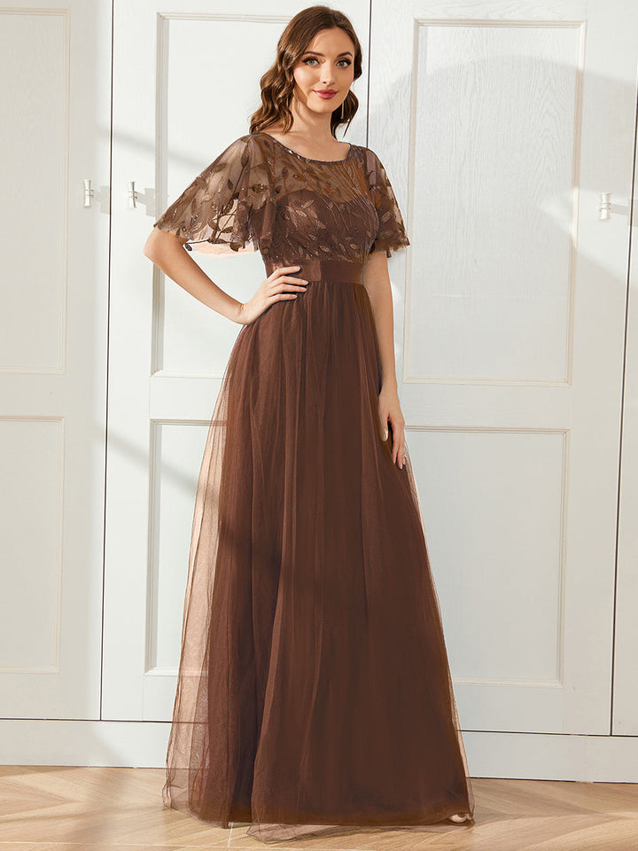 ever SAPHIR|Women's A-Line Short Sleeve Embroidery Floor Length Evening Dresses