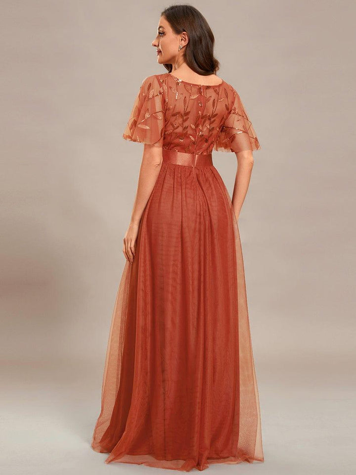 ever SAPHIR|Women's A-Line Sequin Leaf Maxi Prom Dress with Sleeves