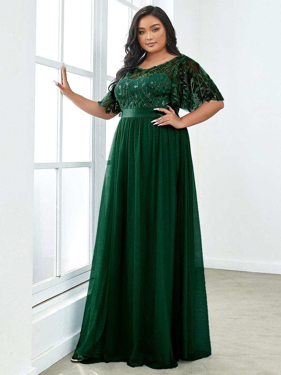 ever SAPHIR|Women's A-Line Sequin Leaf Maxi Prom Dress with Sleeves