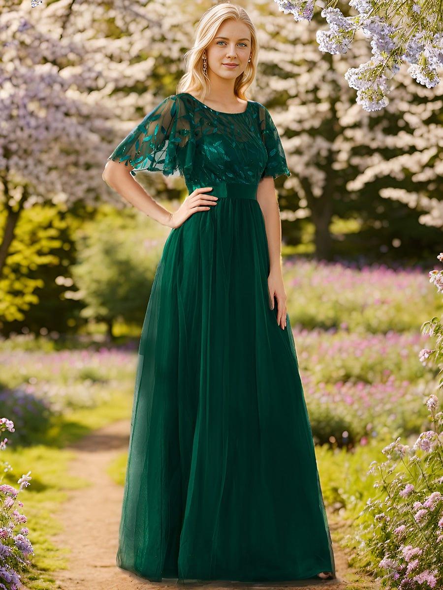 ever SAPHIR|Women's A-Line Sequin Leaf Maxi Prom Dress with Sleeves
