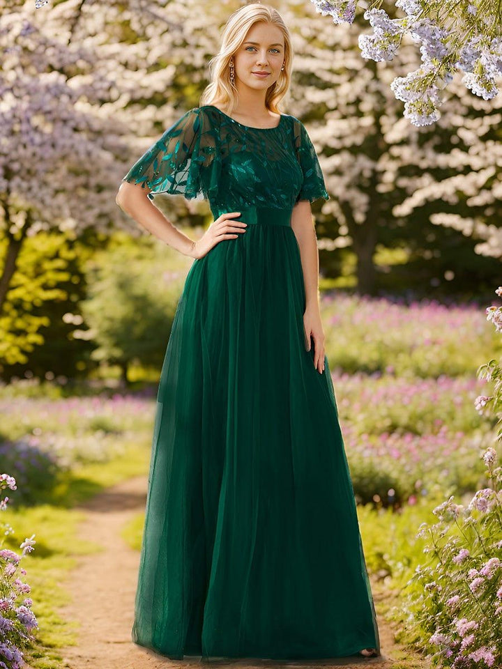 ever SAPHIR|Women's A-Line Sequin Leaf Maxi Prom Dress with Sleeves