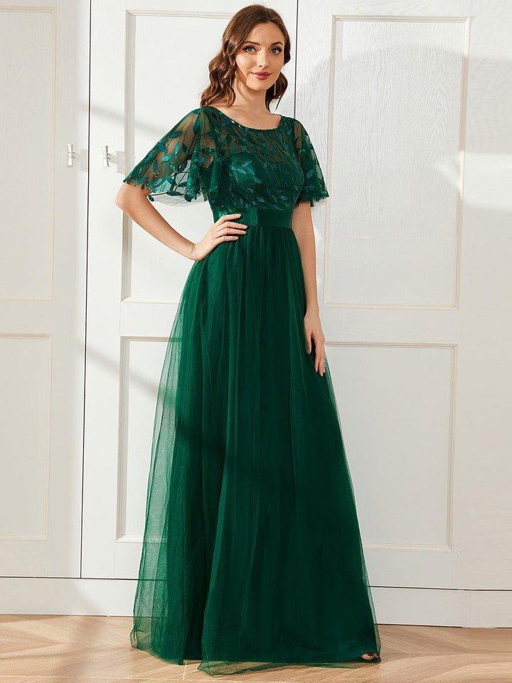 ever SAPHIR|Women's A-Line Sequin Leaf Maxi Prom Dress with Sleeves