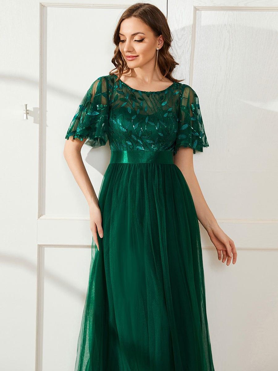 ever SAPHIR|Women's A-Line Sequin Leaf Maxi Prom Dress with Sleeves