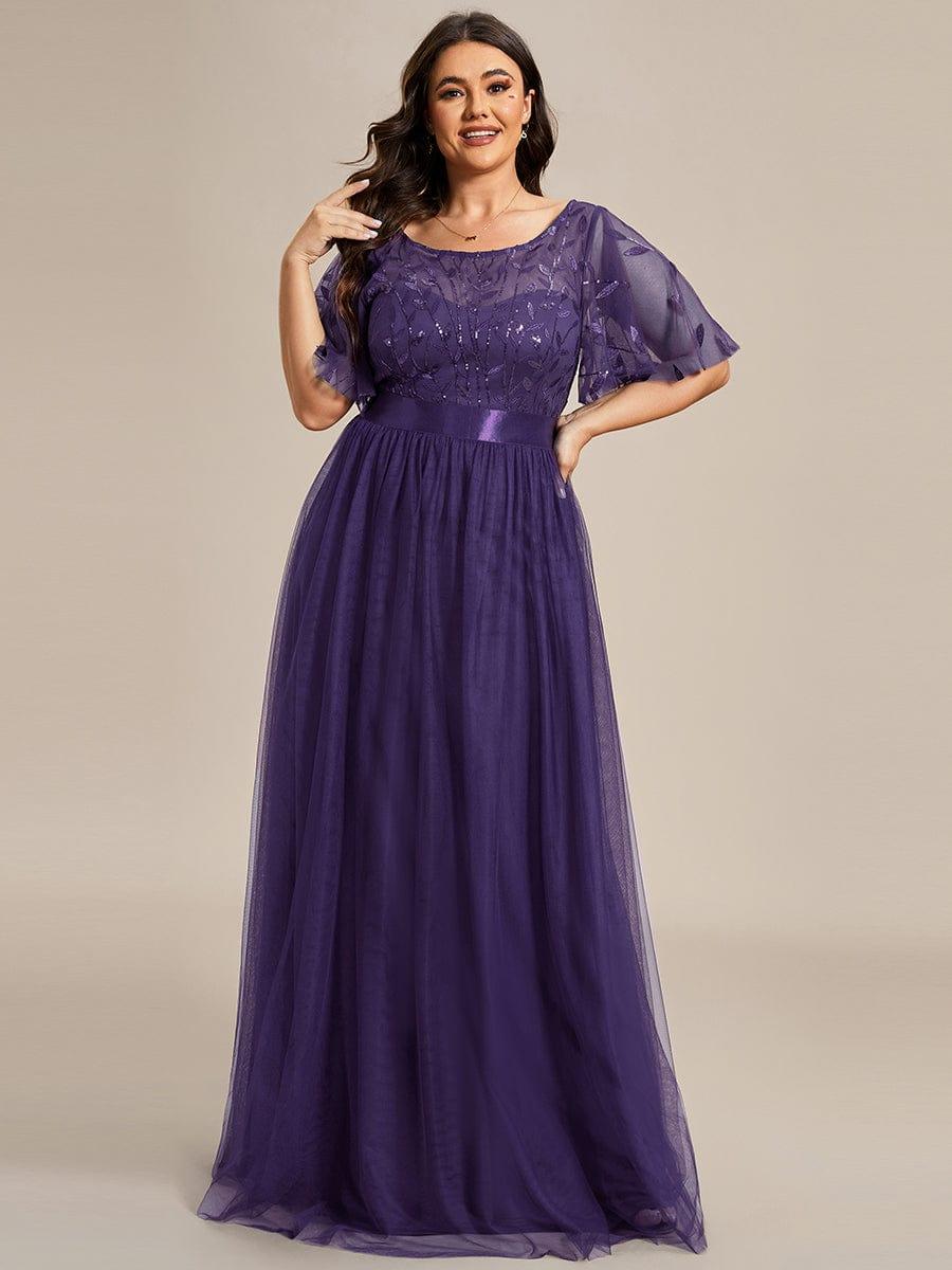 ever SAPHIR|Women's A-Line Sequin Leaf Maxi Prom Dress with Sleeves