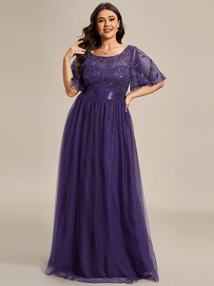 ever SAPHIR|Women's A-Line Sequin Leaf Maxi Prom Dress with Sleeves