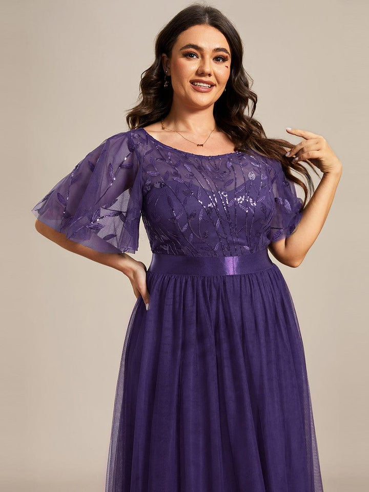 ever SAPHIR|Women's A-Line Sequin Leaf Maxi Prom Dress with Sleeves