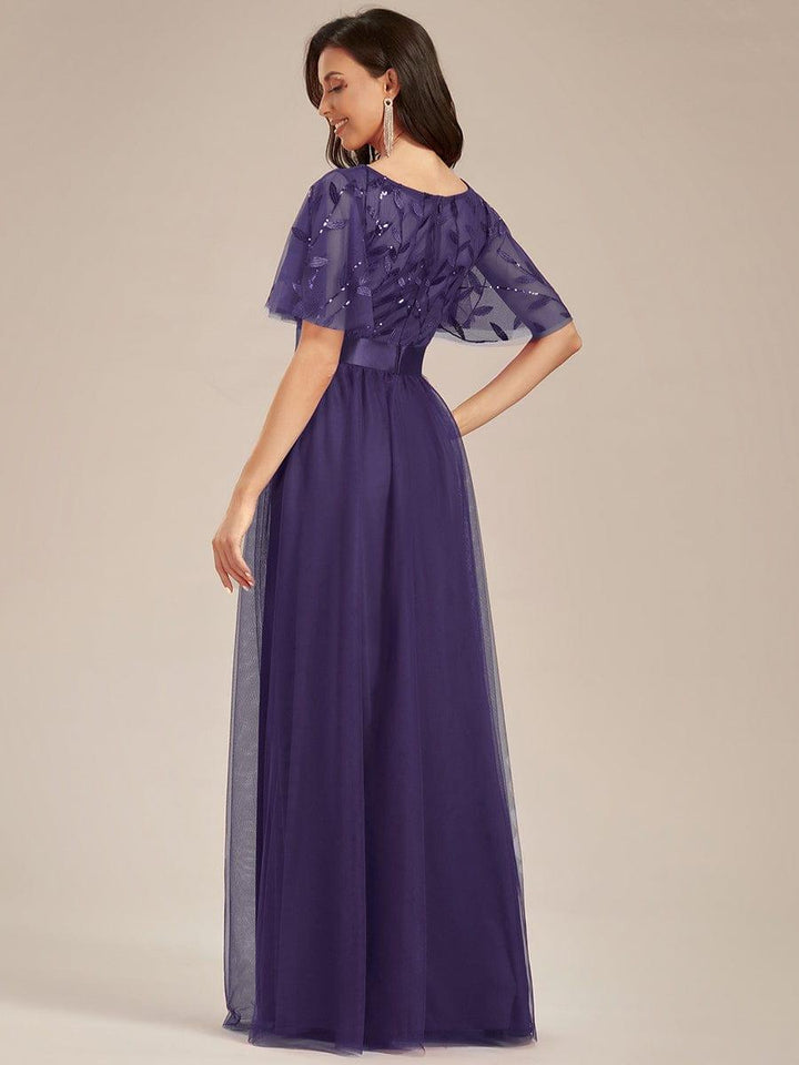 ever SAPHIR|Women's A-Line Sequin Leaf Maxi Prom Dress with Sleeves