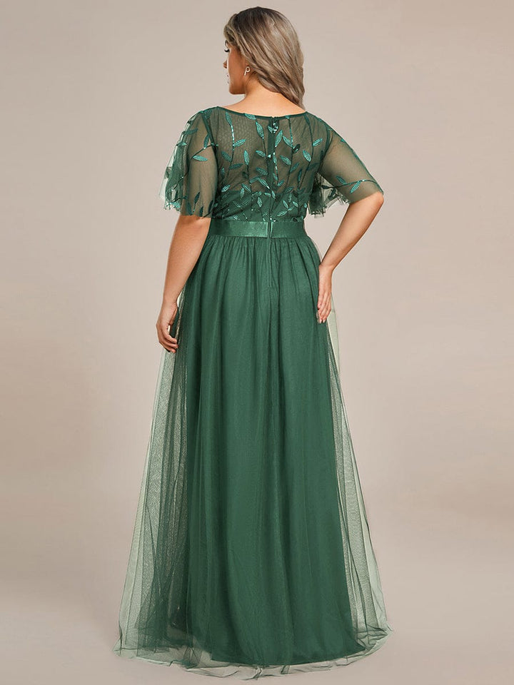 ever SAPHIR|Women's A-Line Sequin Leaf Maxi Prom Dress with Sleeves