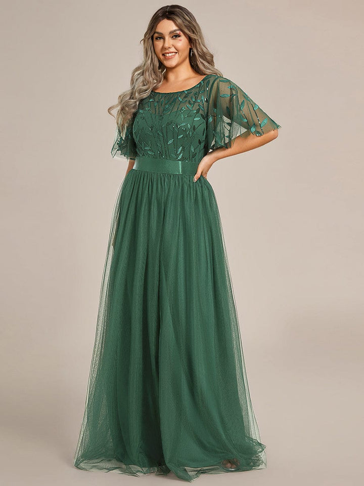 ever SAPHIR|Women's A-Line Sequin Leaf Maxi Prom Dress with Sleeves