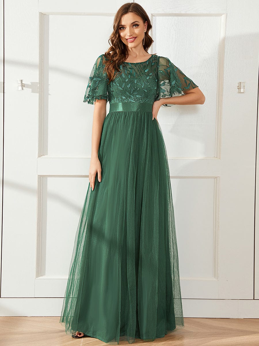 ever SAPHIR|Women's A-Line Short Sleeve Embroidery Floor Length Evening Dresses