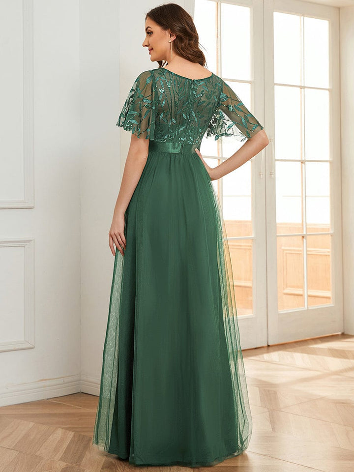 ever SAPHIR|Women's A-Line Short Sleeve Embroidery Floor Length Evening Dresses