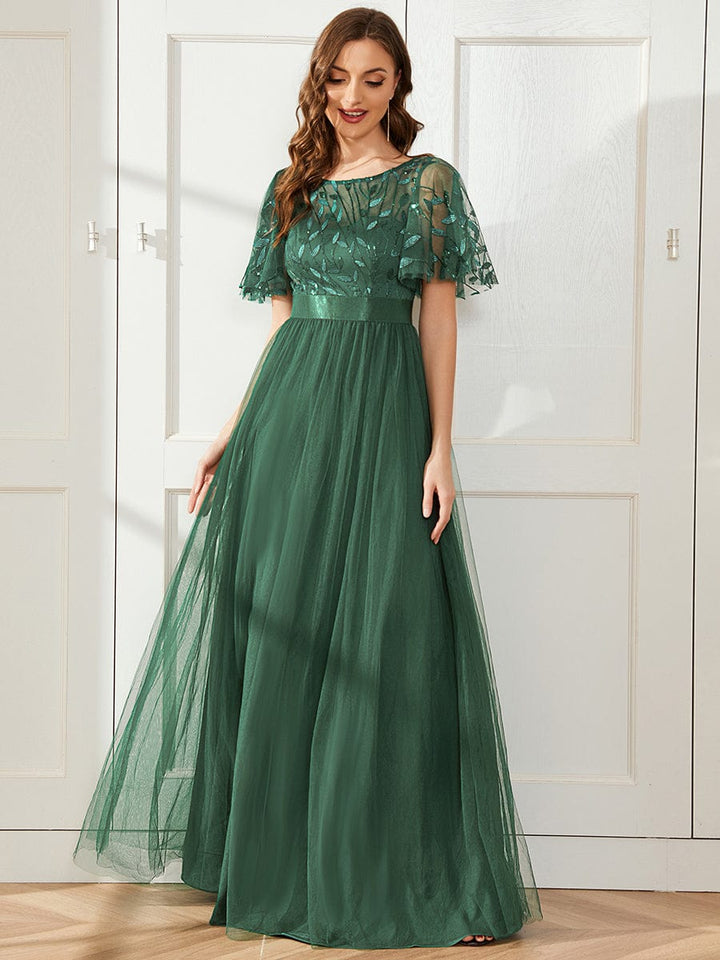 ever SAPHIR|Women's A-Line Short Sleeve Embroidery Floor Length Evening Dresses