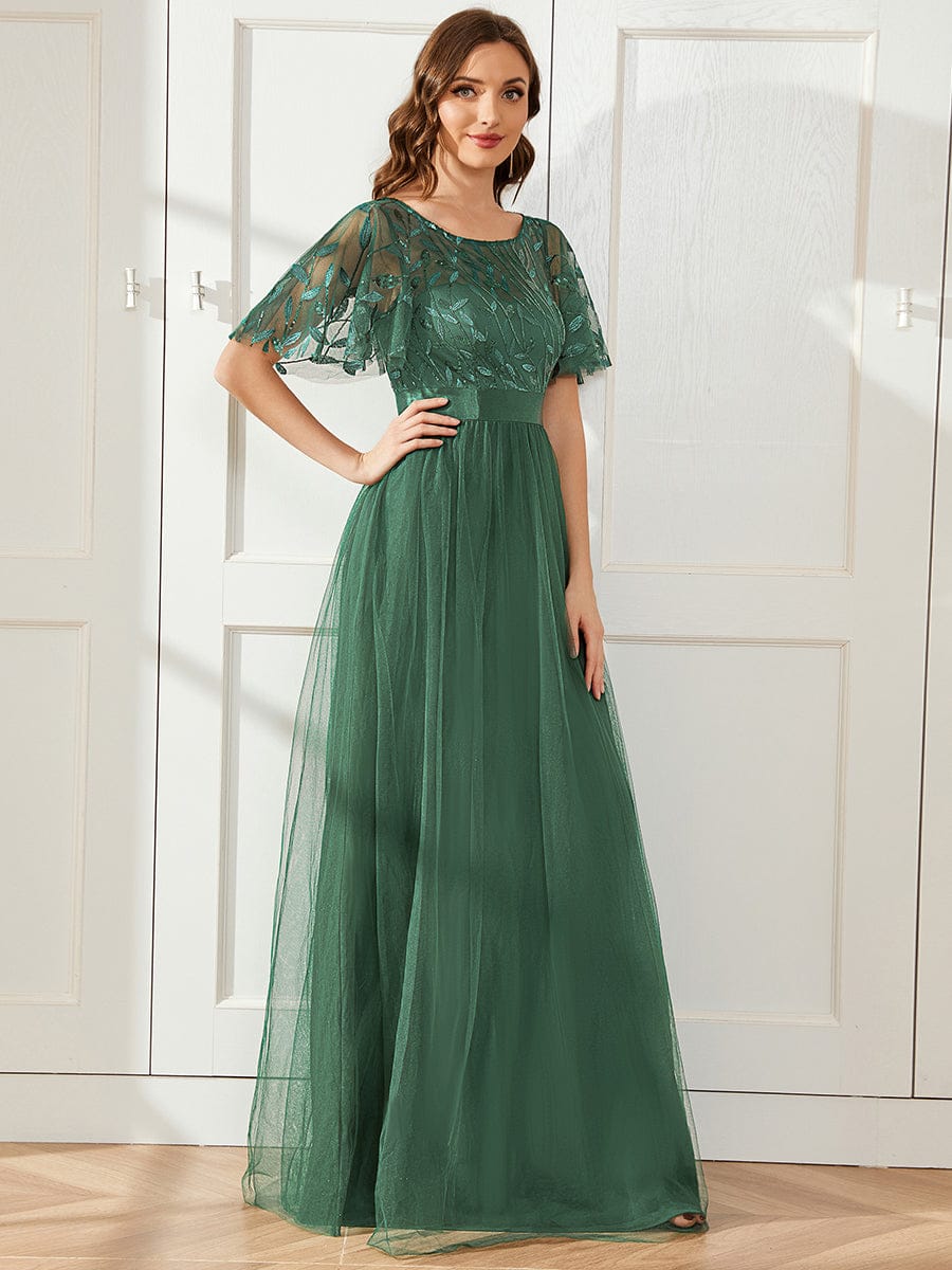 ever SAPHIR|Women's A-Line Sequin Leaf Maxi Prom Dress with Sleeves