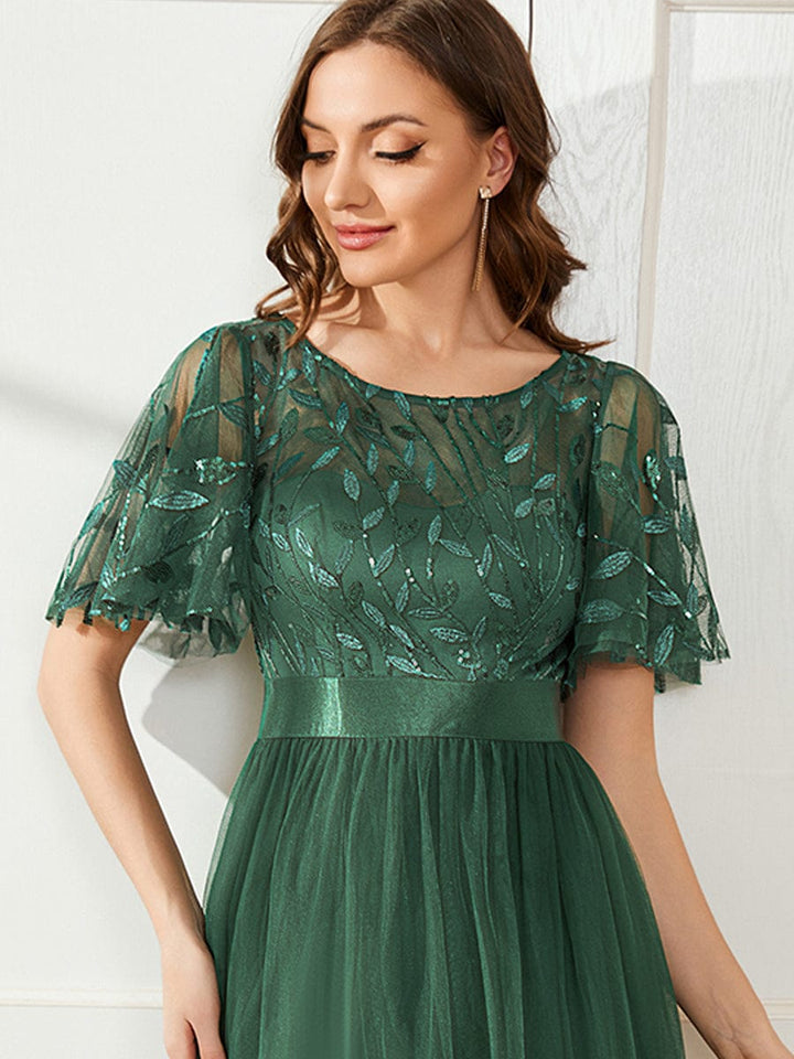 ever SAPHIR|Women's A-Line Short Sleeve Embroidery Floor Length Evening Dresses