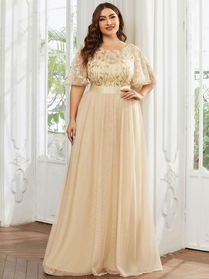 ever SAPHIR|Women's A-Line Sequin Leaf Maxi Prom Dress with Sleeves