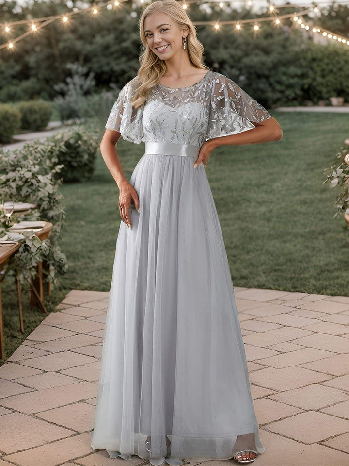 ever SAPHIR|Women's A-Line Short Sleeve Embroidery Floor Length Evening Dresses
