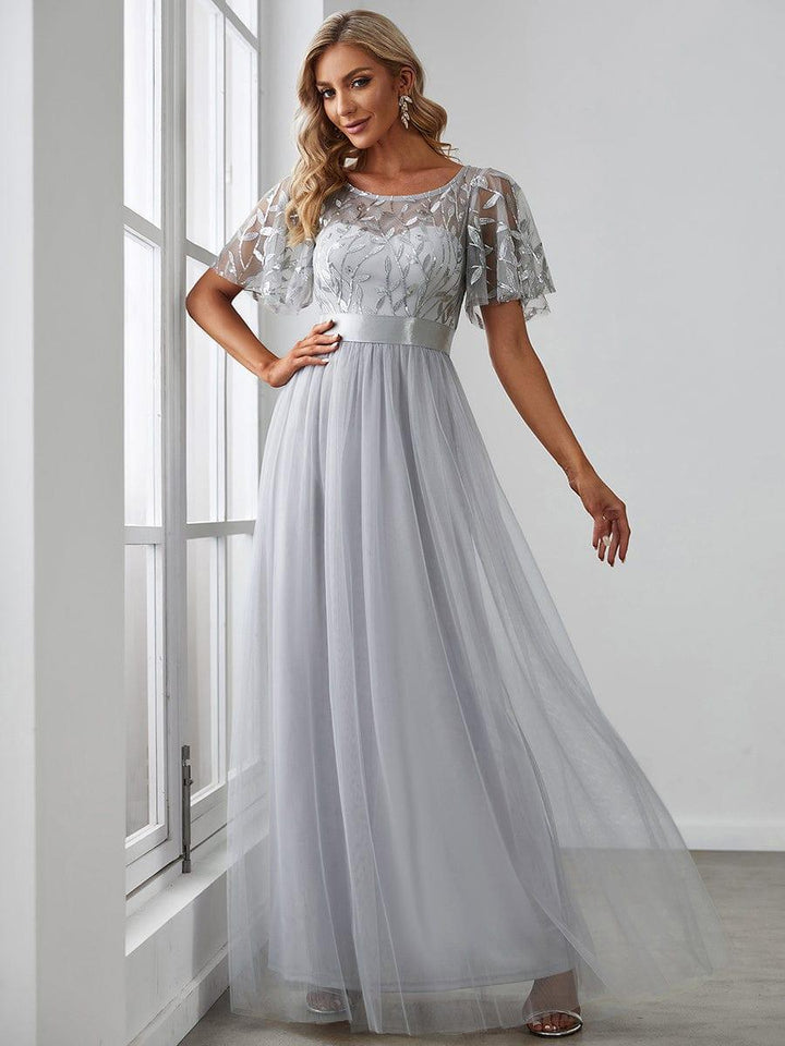 ever SAPHIR|Women's A-Line Sequin Leaf Maxi Prom Dress with Sleeves
