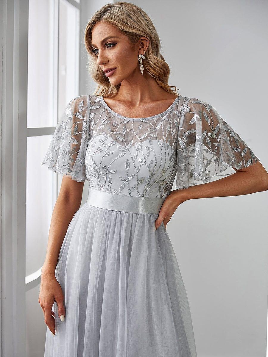 ever SAPHIR|Women's A-Line Sequin Leaf Maxi Prom Dress with Sleeves