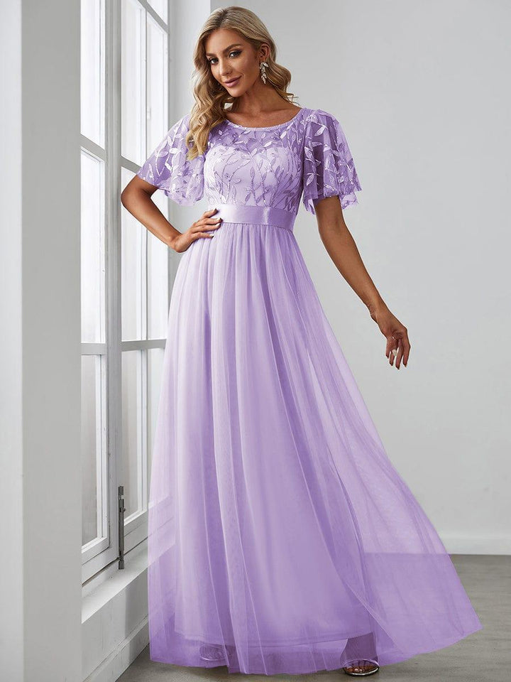 ever SAPHIR|Women's A-Line Short Sleeve Embroidery Floor Length Evening Dresses
