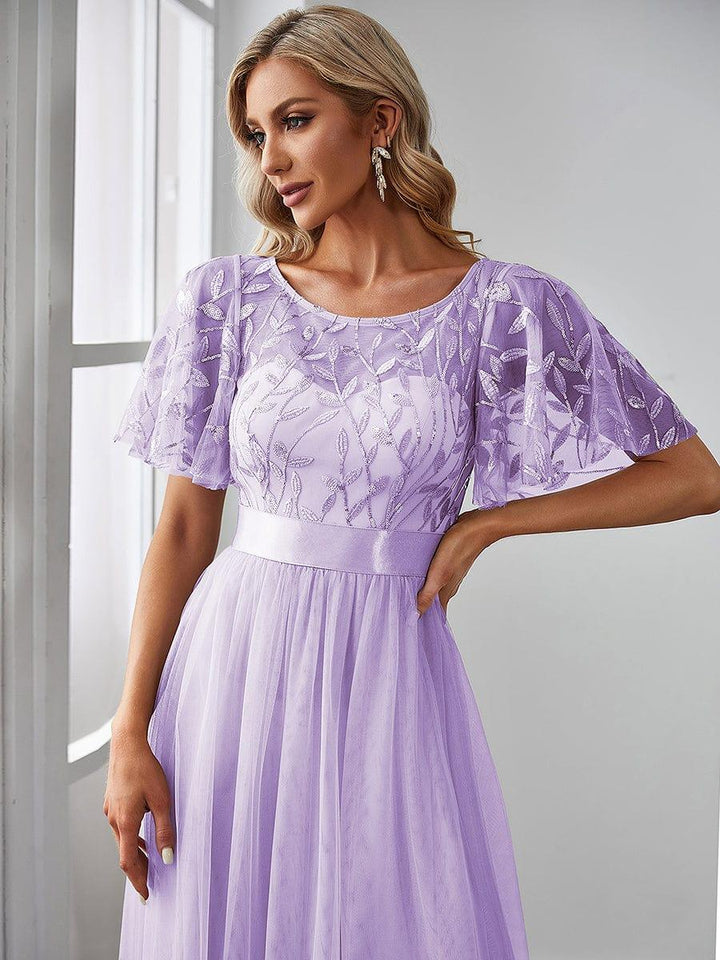ever SAPHIR|Women's A-Line Short Sleeve Embroidery Floor Length Evening Dresses