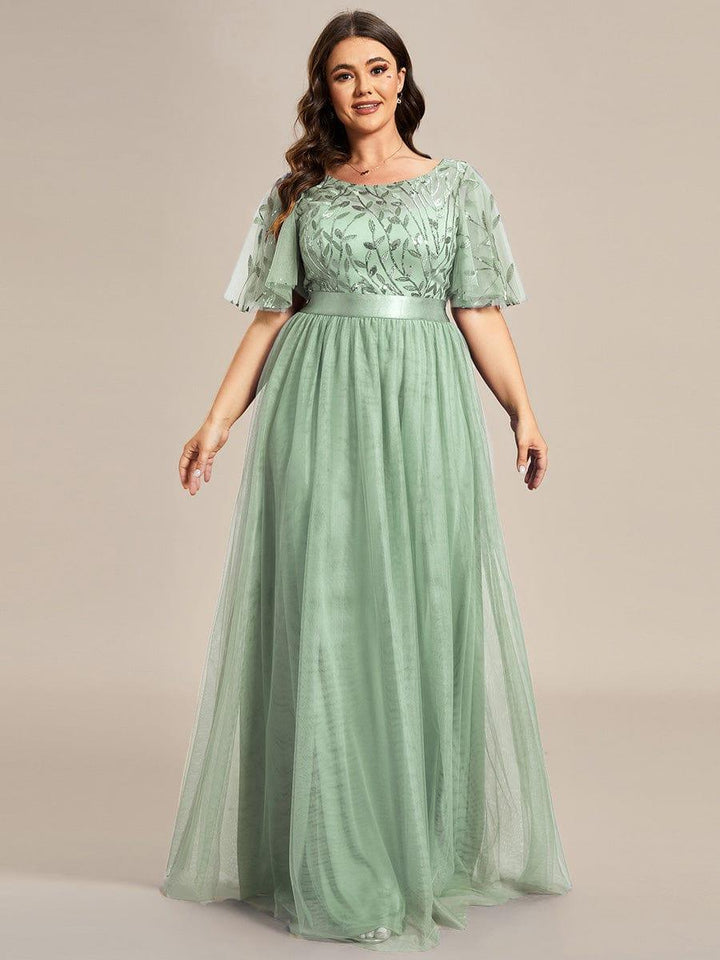 ever SAPHIR|Women's A-Line Sequin Leaf Maxi Prom Dress with Sleeves